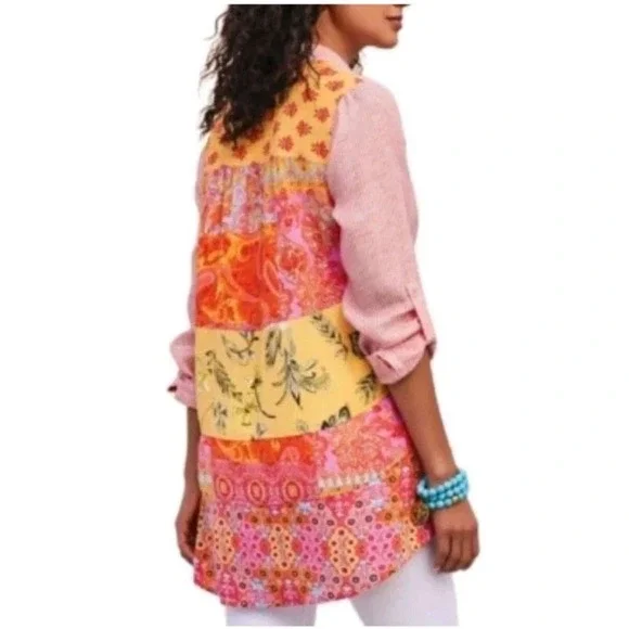 Soft Surroundings Island Linen Button Down Roll-Tab Sleeve Tunic Top L Floral - Picture 1 of 7